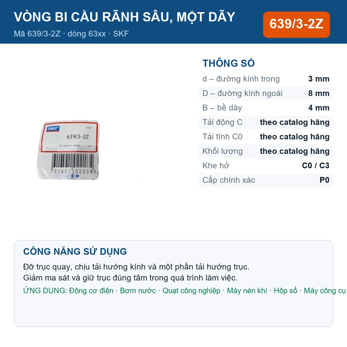 Vòng bi SKF 639/3-2Z — kích thước 3x8x4mm