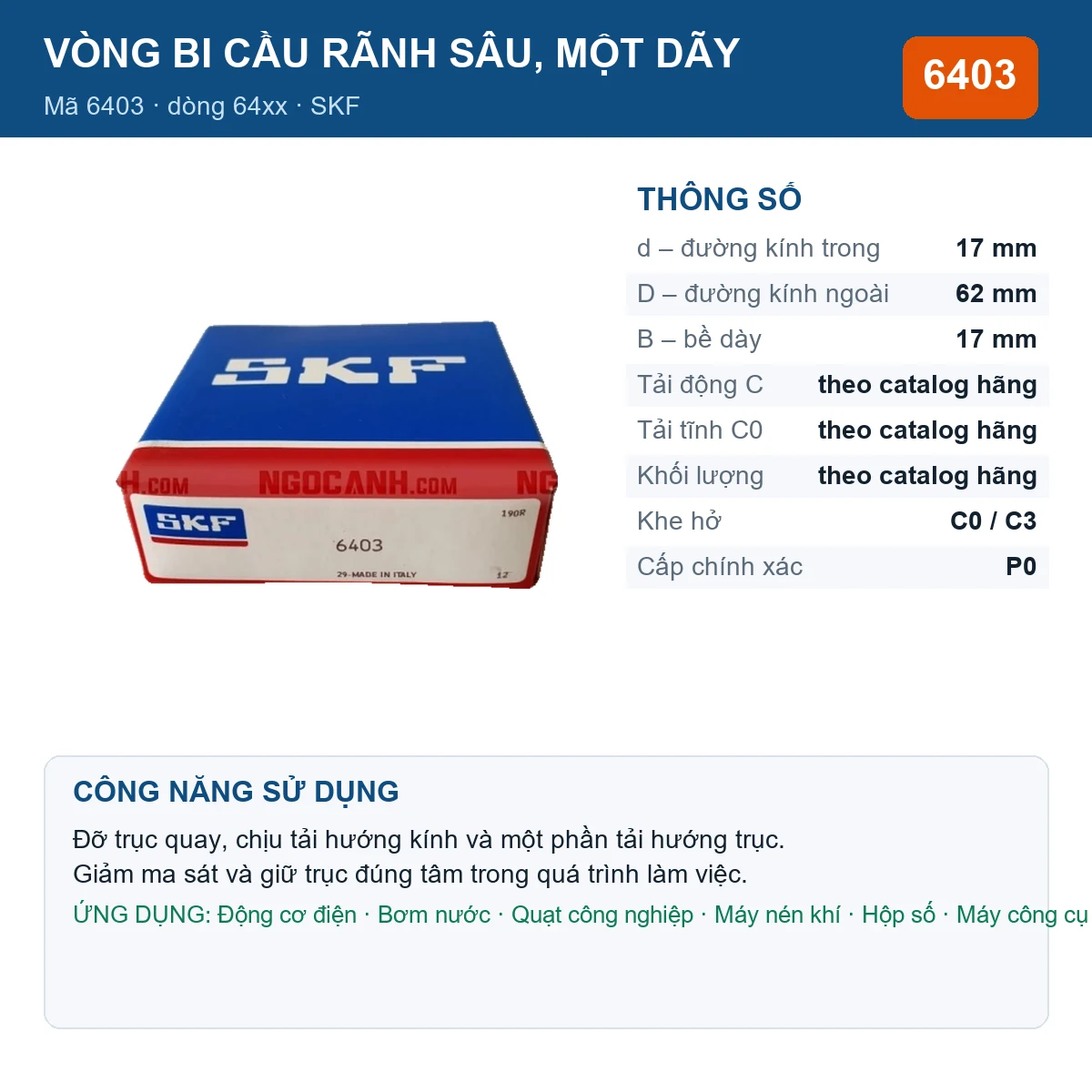 Vòng bi SKF 6403 — kích thước 17x62x17mm