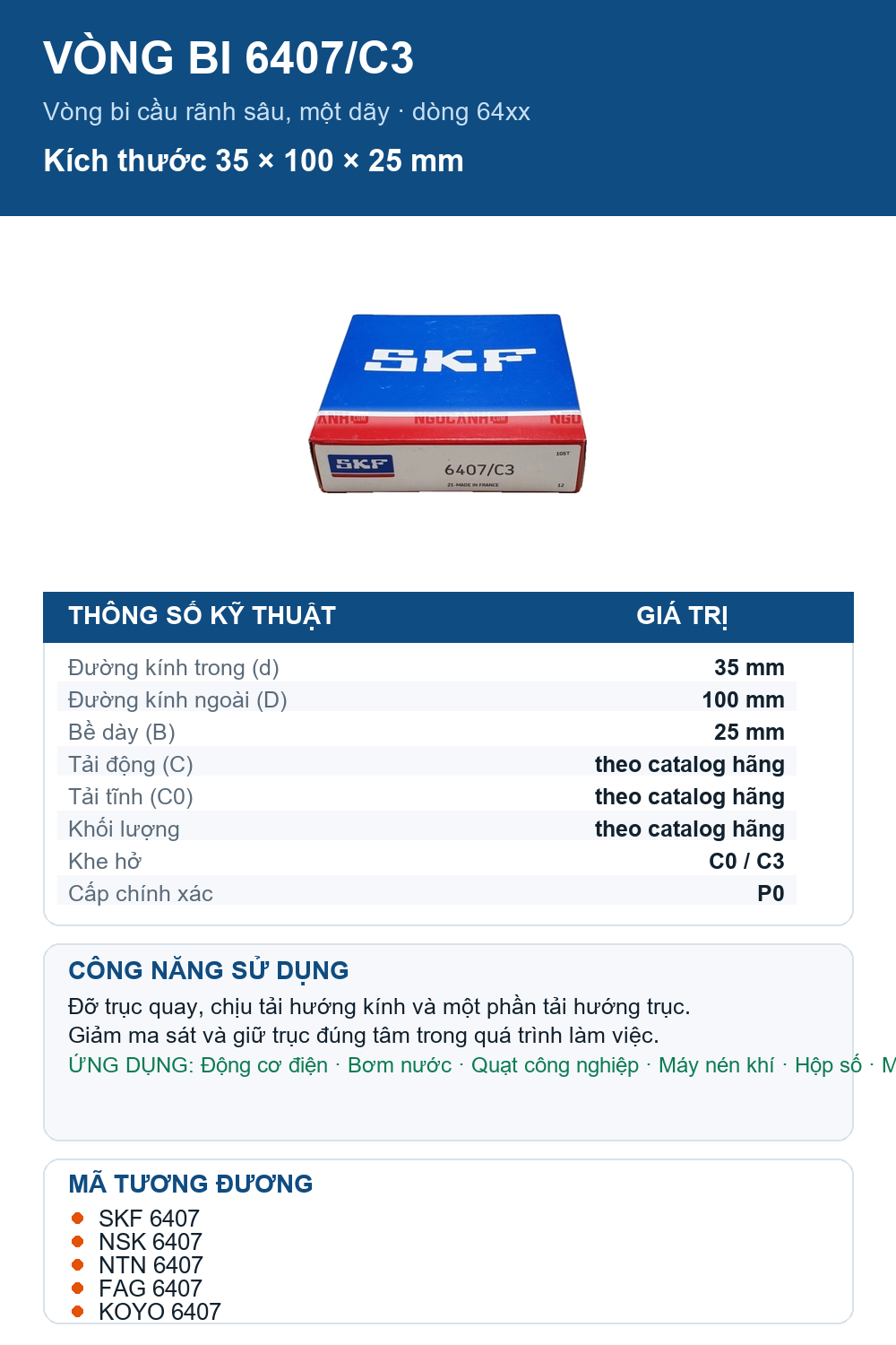 Vòng bi SKF 6407/C3 35x100x25mm — Ảnh thông số (Pinterest)