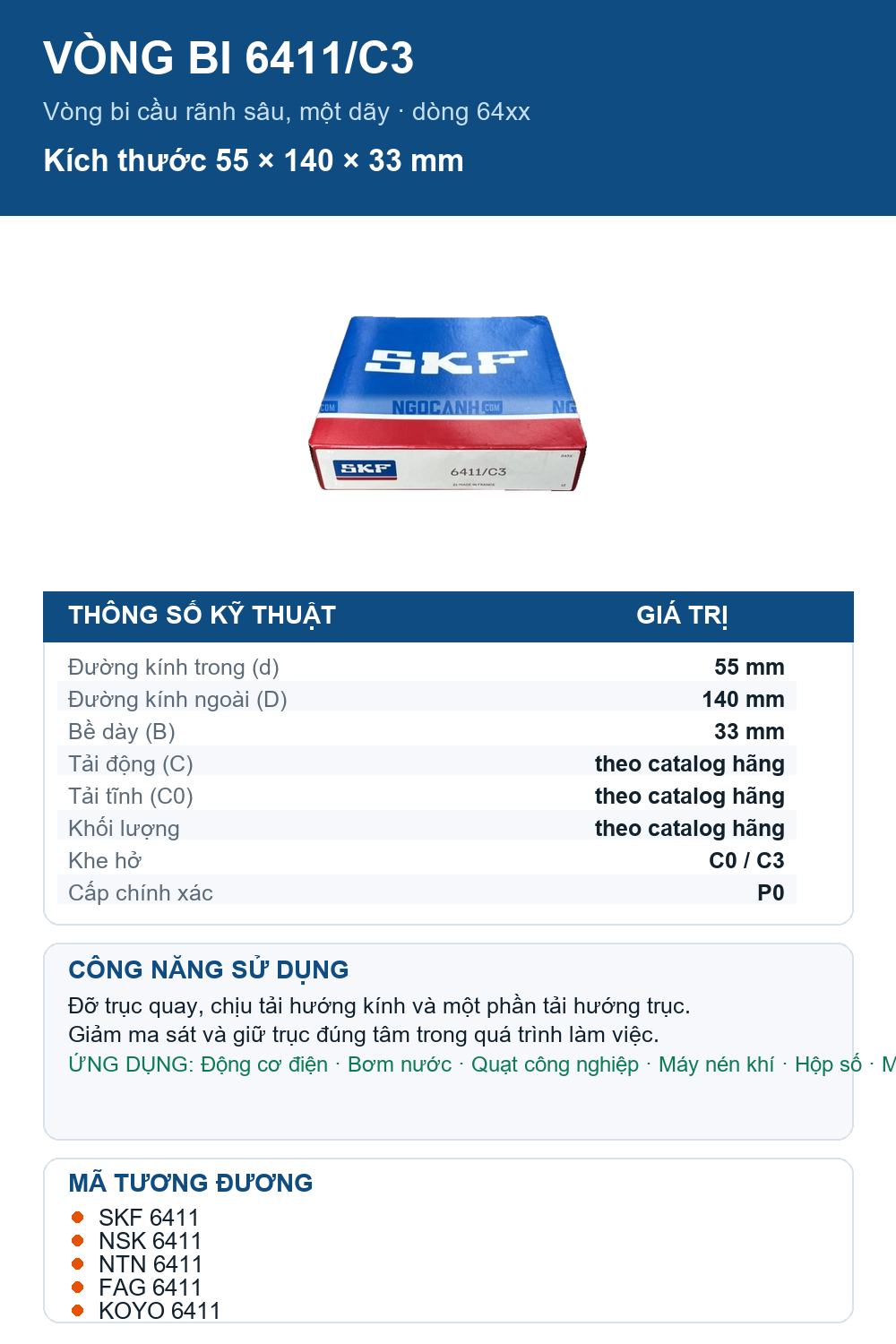 Vòng bi SKF 6411/C3 55x140x33mm — Ảnh thông số (Pinterest)
