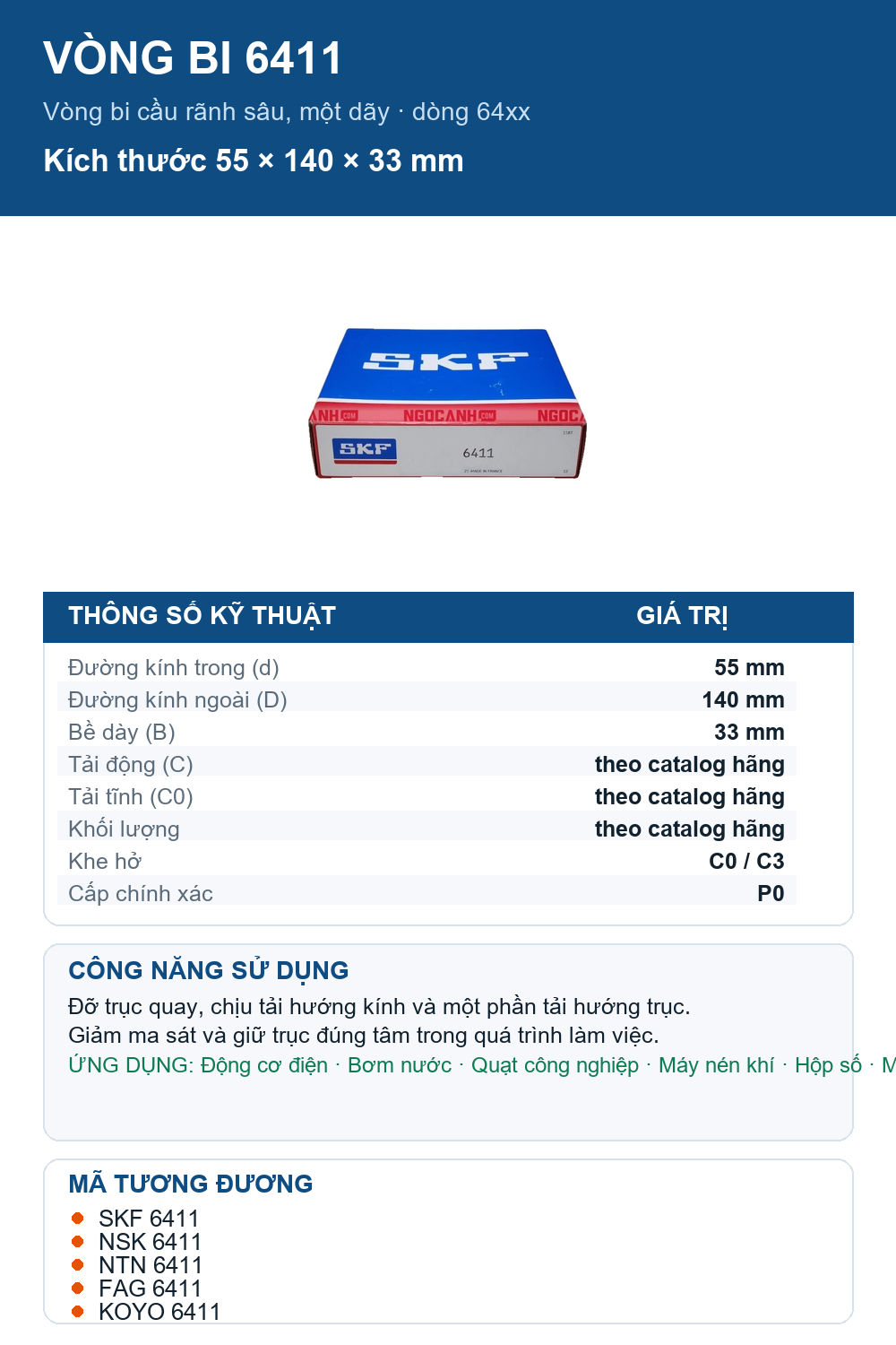 Vòng bi SKF 6411 55x140x33mm — Ảnh thông số (Pinterest)