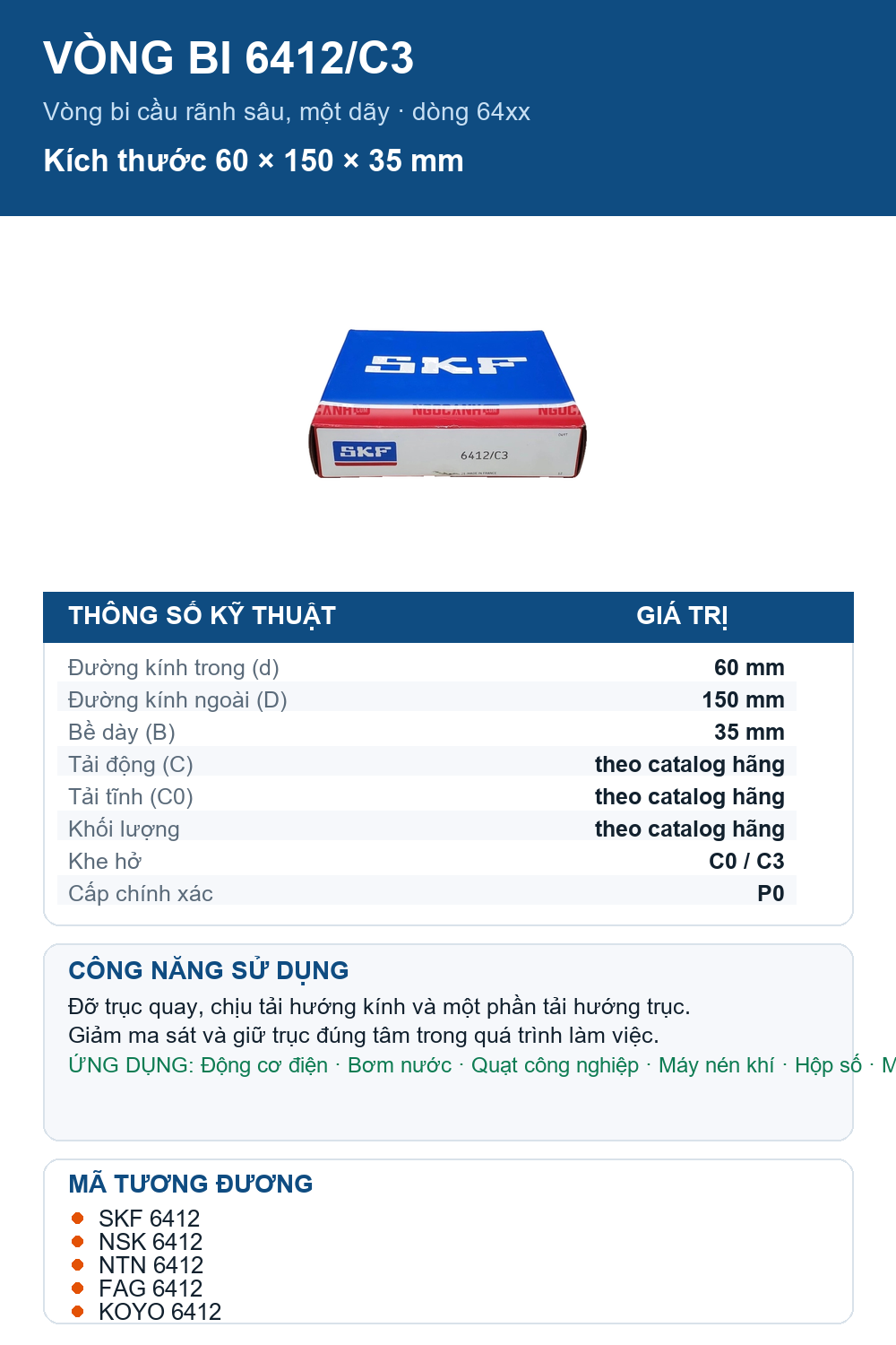Vòng bi SKF 6412/C3 60x150x35mm — Ảnh thông số (Pinterest)