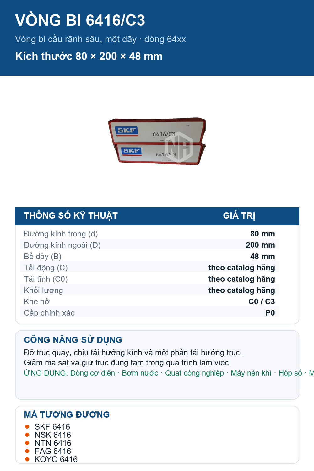 Vòng bi SKF 6416/C3 80x200x48mm — Ảnh thông số (Pinterest)