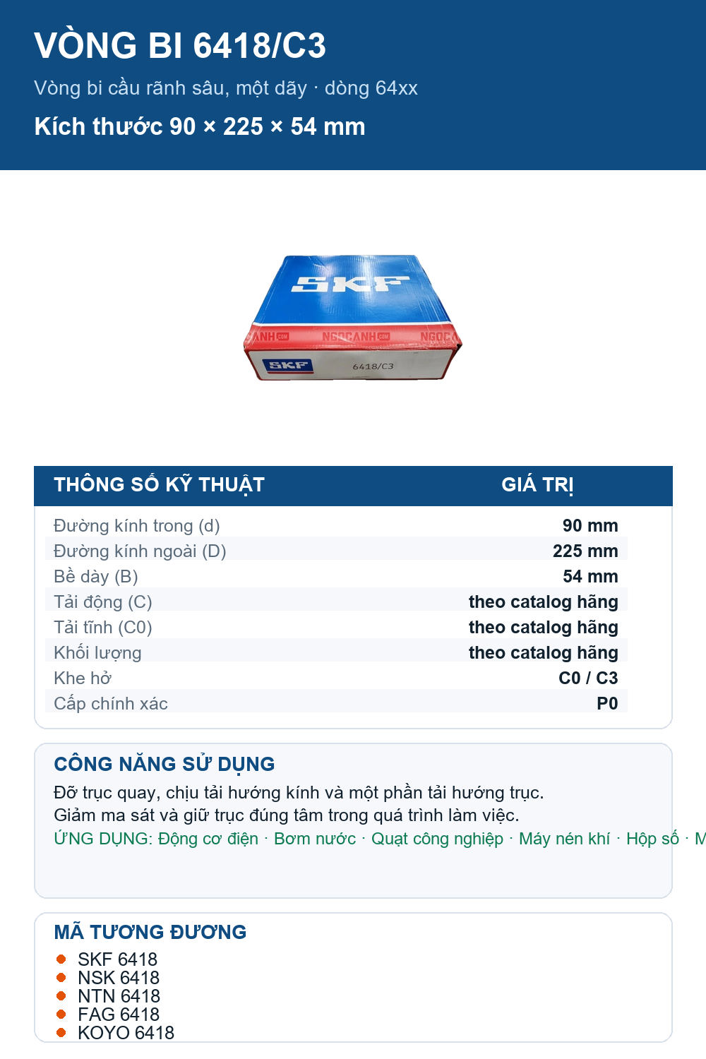 Vòng bi SKF 6418/C3 90x225x54mm — Ảnh thông số (Pinterest)