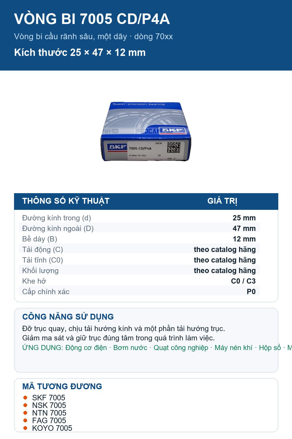 Vòng bi SKF 7005 CD/P4A 25x47x12mm — Ảnh thông số (Pinterest)