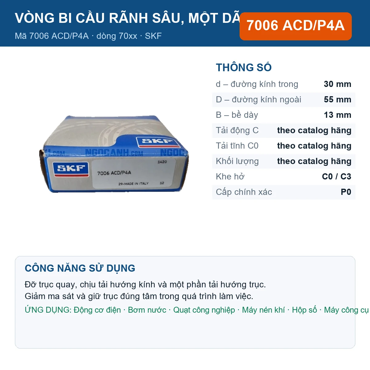 Vòng bi SKF 7006 ACD/P4A — kích thước 30x55x13mm