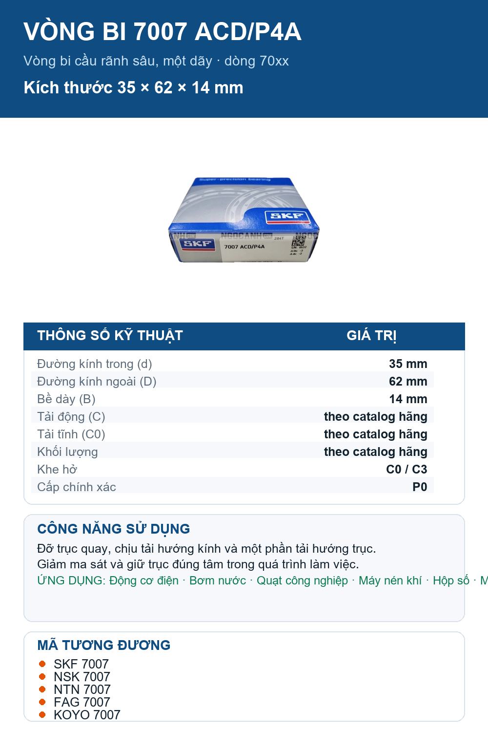 Vòng bi SKF 7007 ACD/P4A 35x62x14mm — Ảnh thông số (Pinterest)