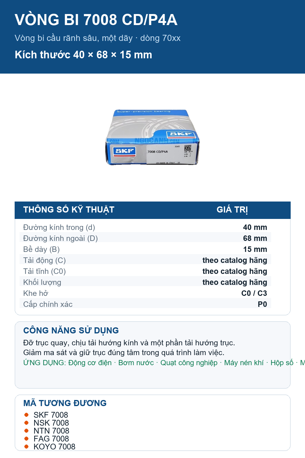 Vòng bi SKF 7008 CD/P4A 40x68x15mm — Ảnh thông số (Pinterest)