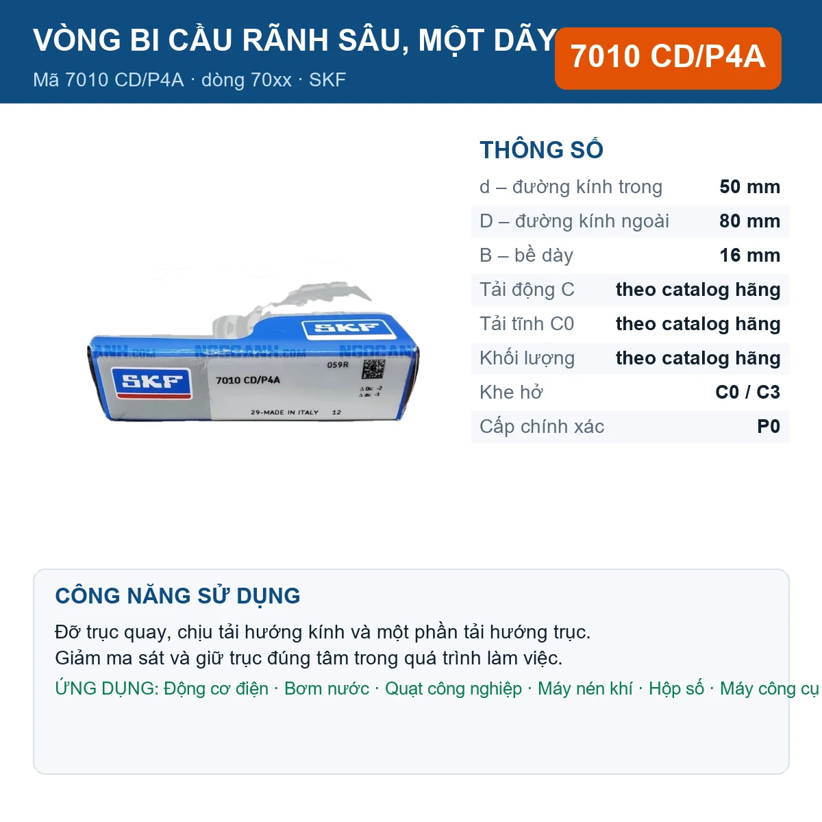 Vòng bi SKF 7010 CD/P4A — kích thước 50x80x16mm