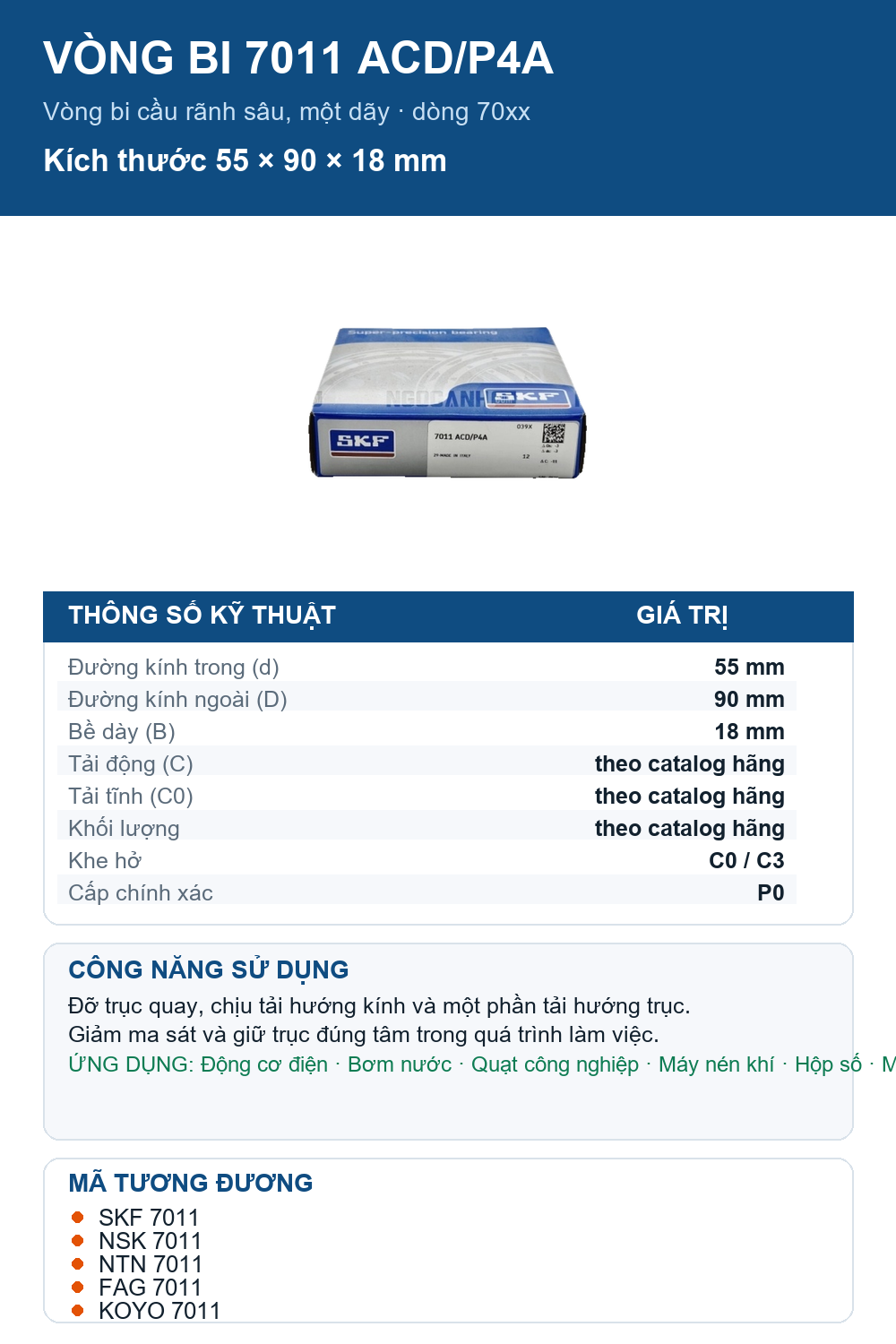 Vòng bi SKF 7011 ACD/P4A 55x90x18mm — Ảnh thông số (Pinterest)