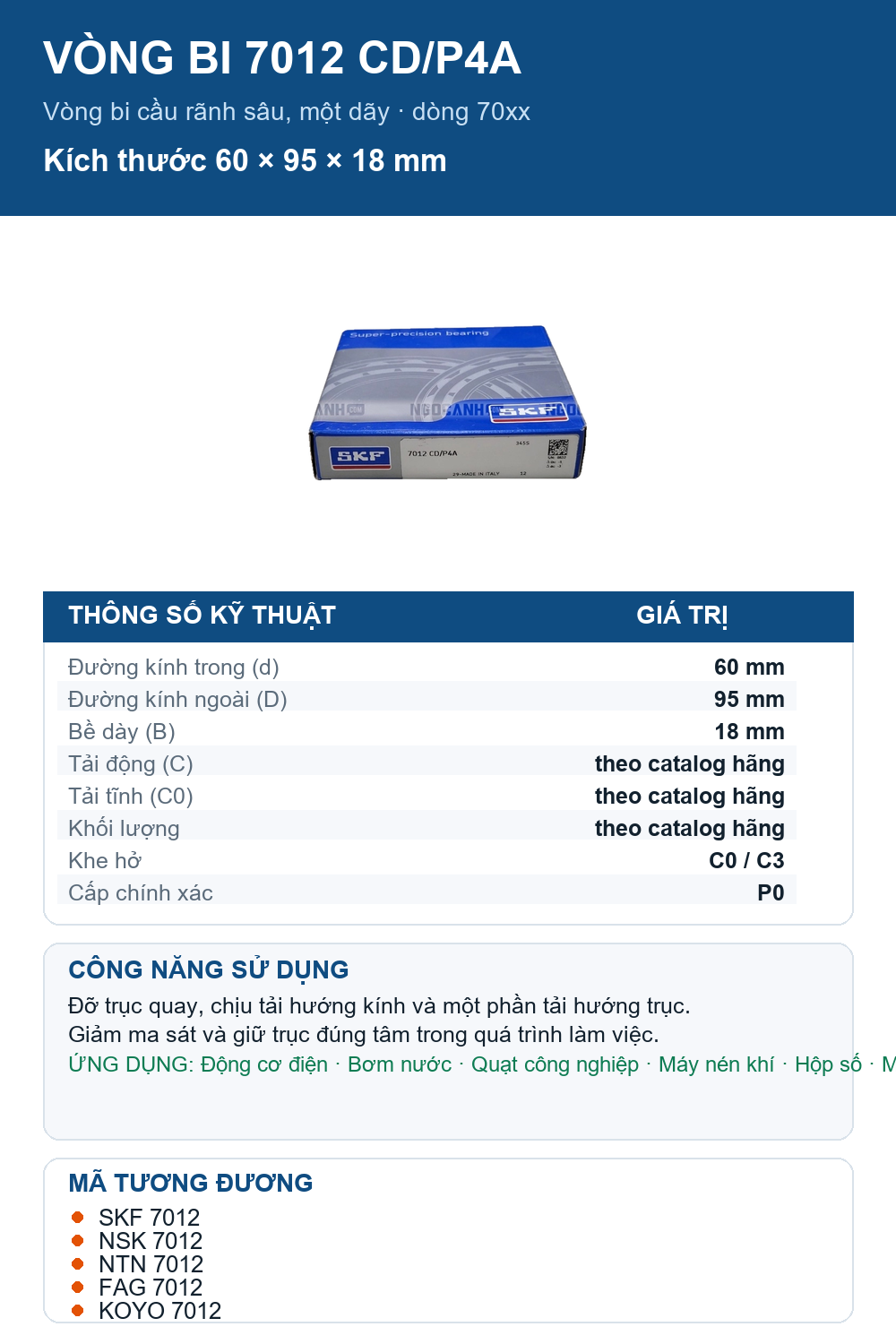 Vòng bi SKF 7012 CD/P4A 60x95x18mm — Ảnh thông số (Pinterest)