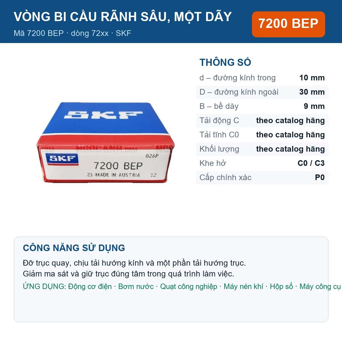 Vòng bi SKF 7200 BEP — kích thước 10x30x9mm