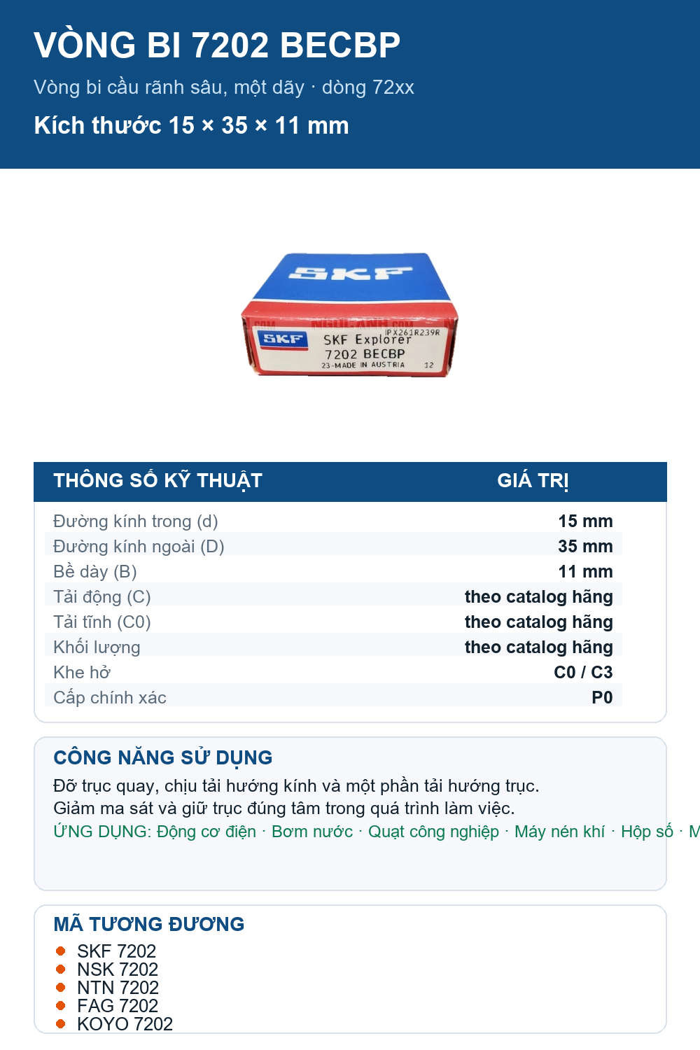 Vòng bi SKF 7202 BECBP 15x35x11mm — Ảnh thông số (Pinterest)