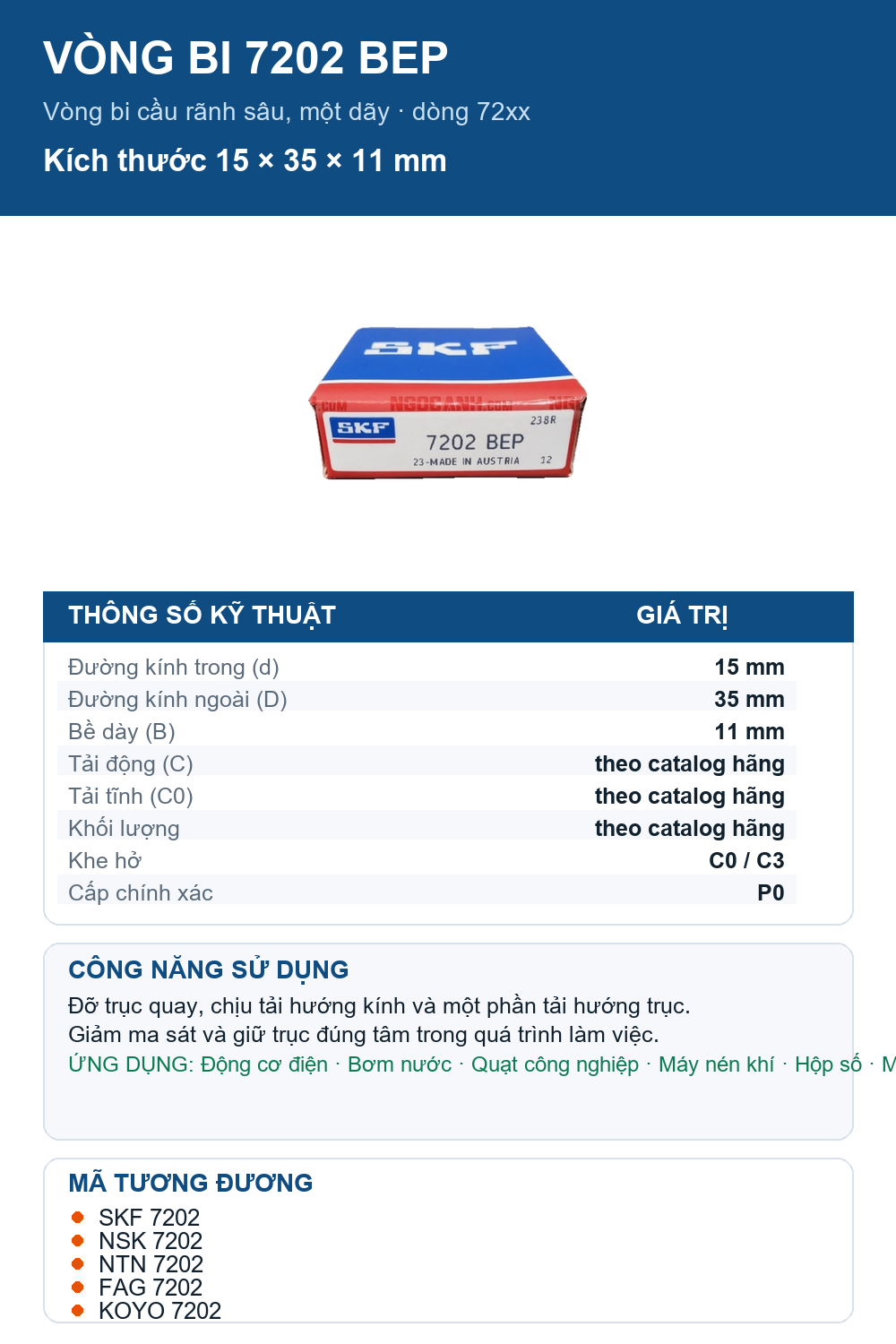 Vòng bi SKF 7202 BEP 15x35x11mm — Ảnh thông số (Pinterest)