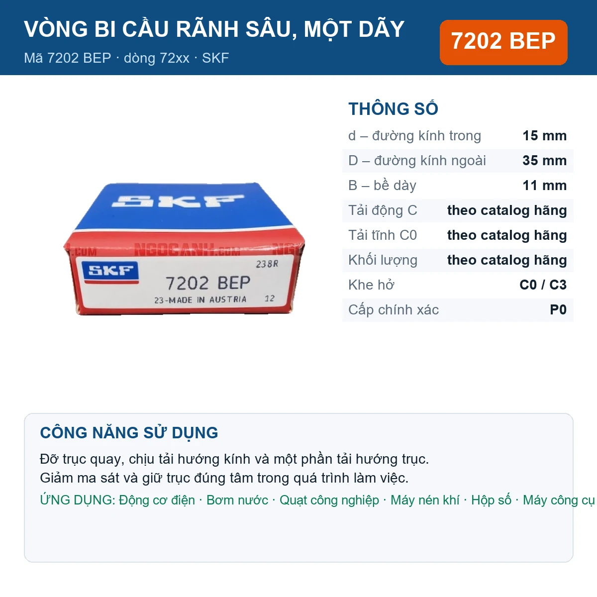 Vòng bi SKF 7202 BEP — kích thước 15x35x11mm