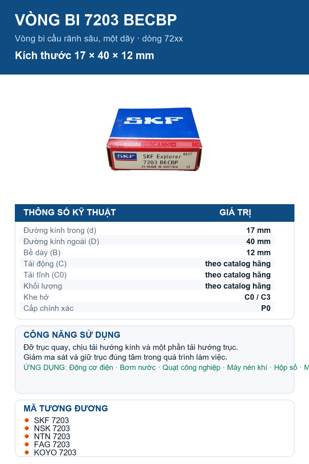 Vòng bi SKF 7203 BECBP 17x40x12mm — Ảnh thông số (Pinterest)