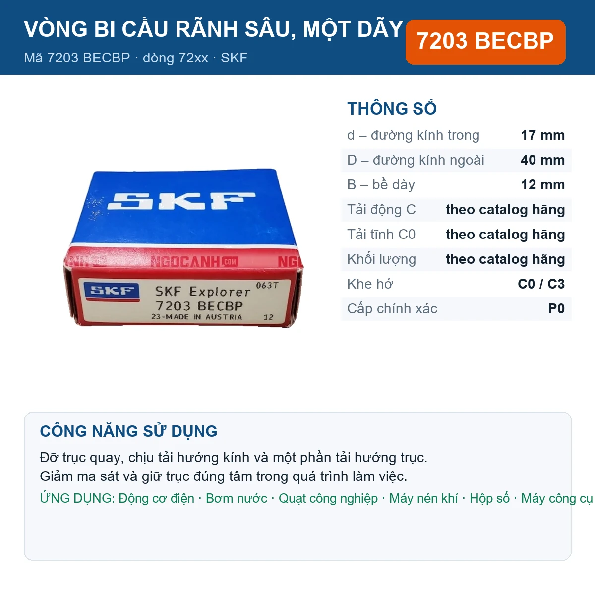 Vòng bi SKF 7203 BECBP — kích thước 17x40x12mm