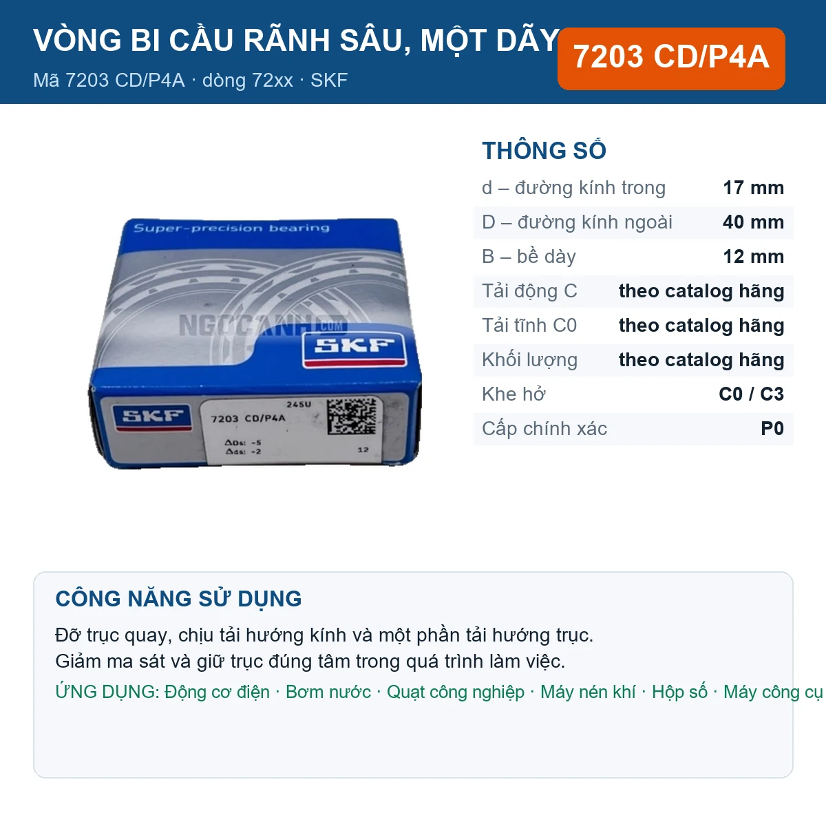 Vòng bi SKF 7203 CD/P4A — kích thước 17x40x12mm