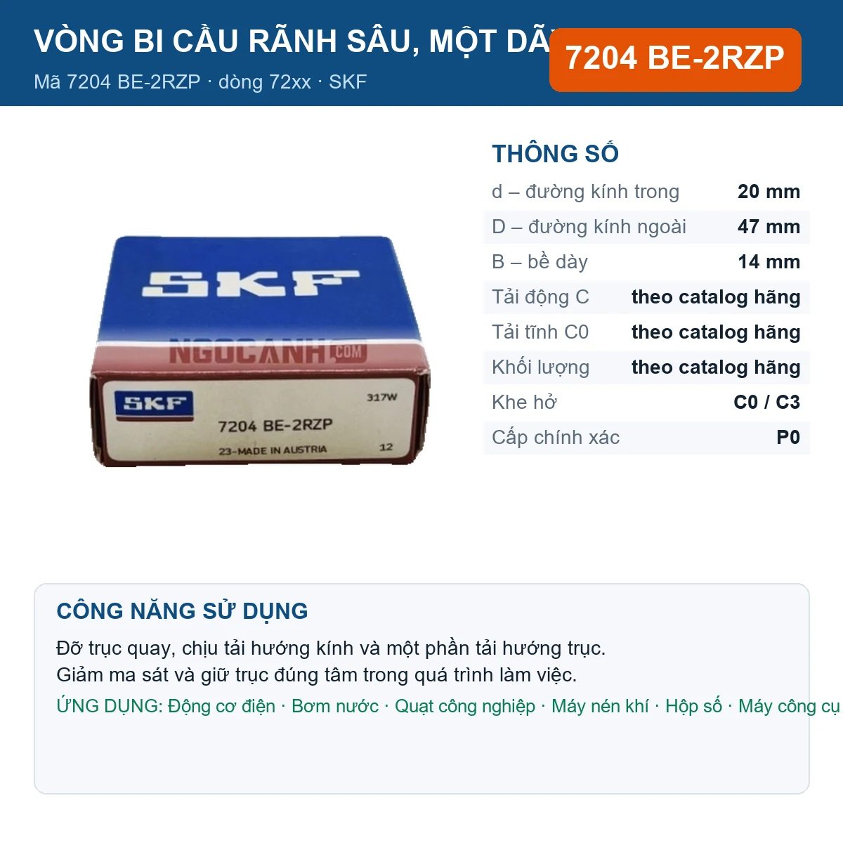 Vòng bi SKF 7204 BE-2RZP — kích thước 20x47x14mm