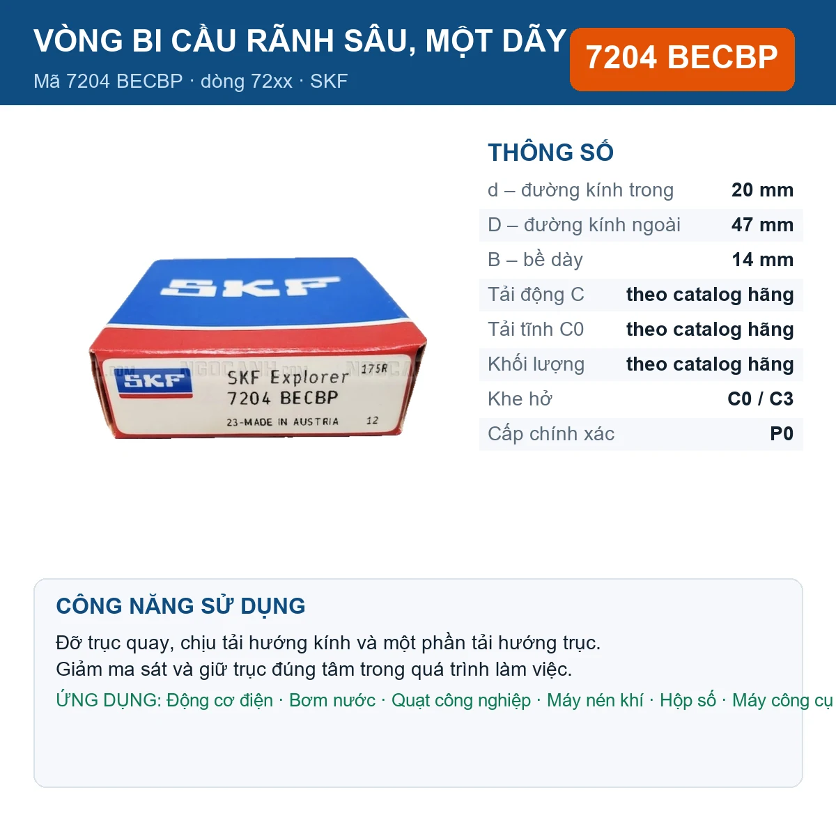 Vòng bi SKF 7204 BECBP — kích thước 20x47x14mm