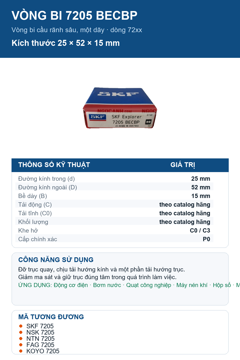Vòng bi SKF 7205 BECBP 25x52x15mm — Ảnh thông số (Pinterest)