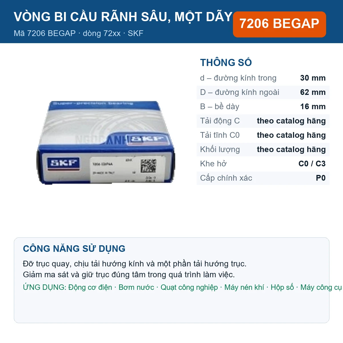 Vòng bi SKF 7206 BEGAP — kích thước 30x62x16mm