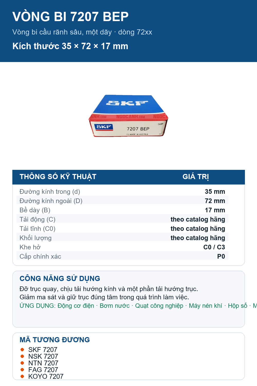 Vòng bi SKF 7207 BEP 35x72x17mm — Ảnh thông số (Pinterest)