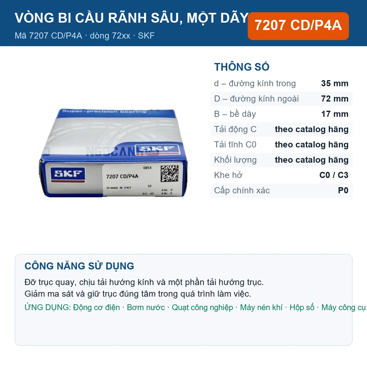 Vòng bi SKF 7207 CD/P4A — kích thước 35x72x17mm