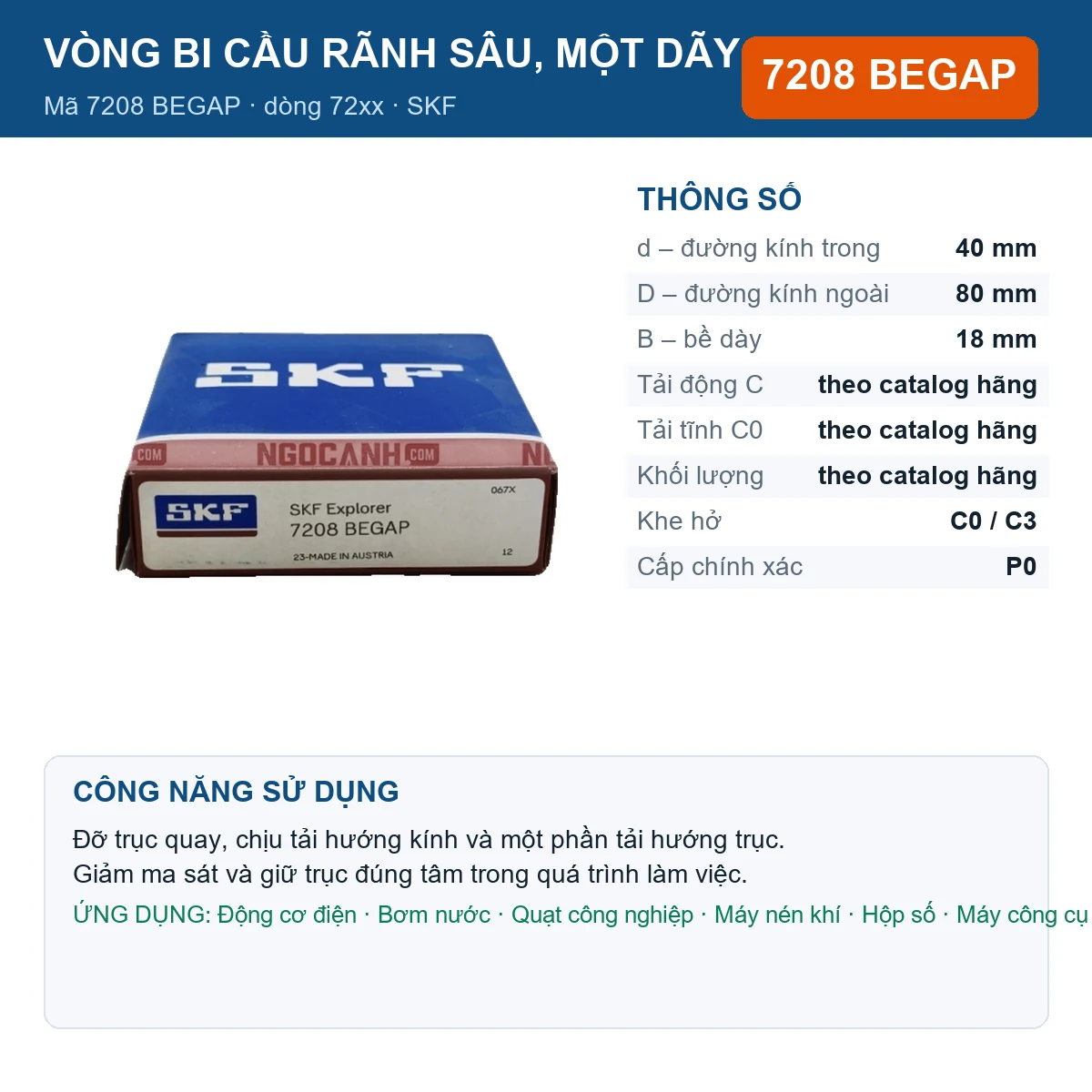 Vòng bi SKF 7208 BEGAP — kích thước 40x80x18mm