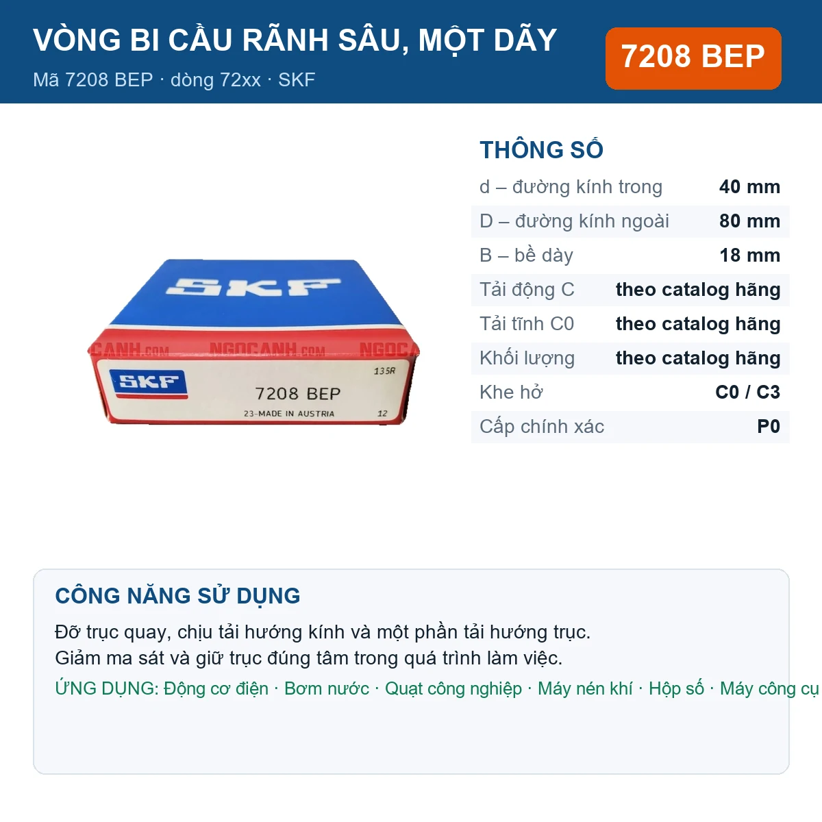 Vòng bi SKF 7208 BEP — kích thước 40x80x18mm