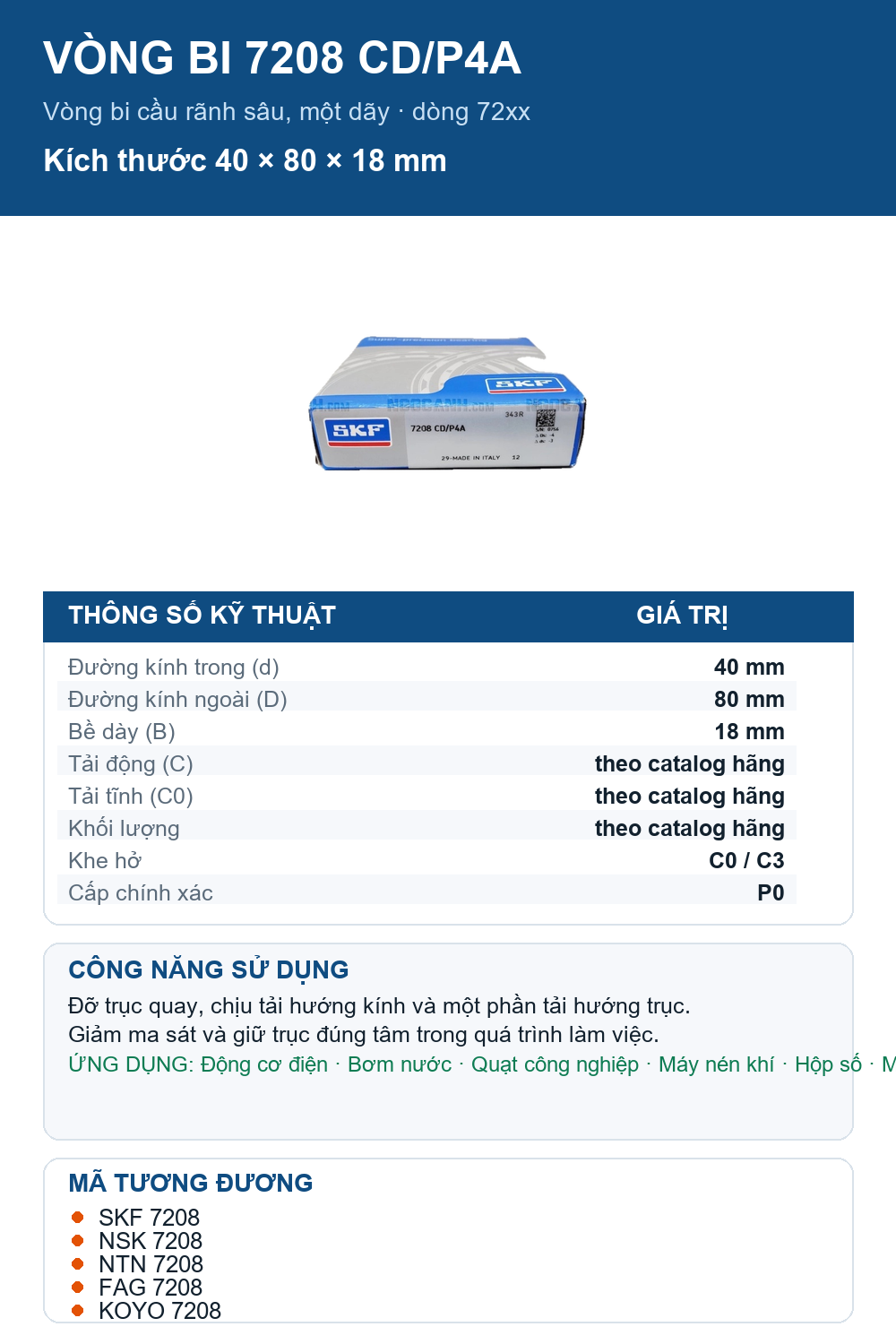 Vòng bi SKF 7208 CD/P4A 40x80x18mm — Ảnh thông số (Pinterest)