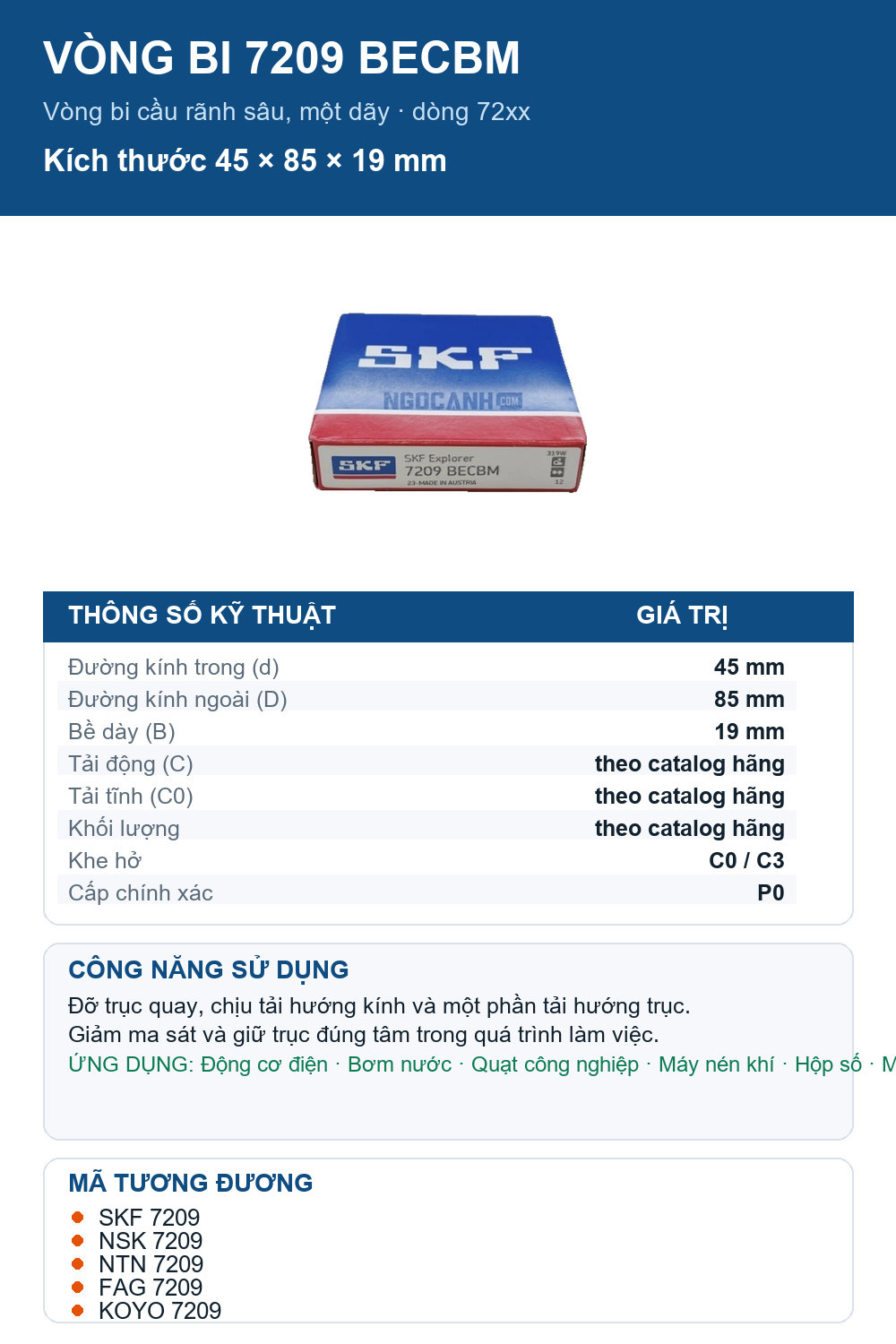 Vòng bi SKF 7209 BECBM 45x85x19mm — Ảnh thông số (Pinterest)