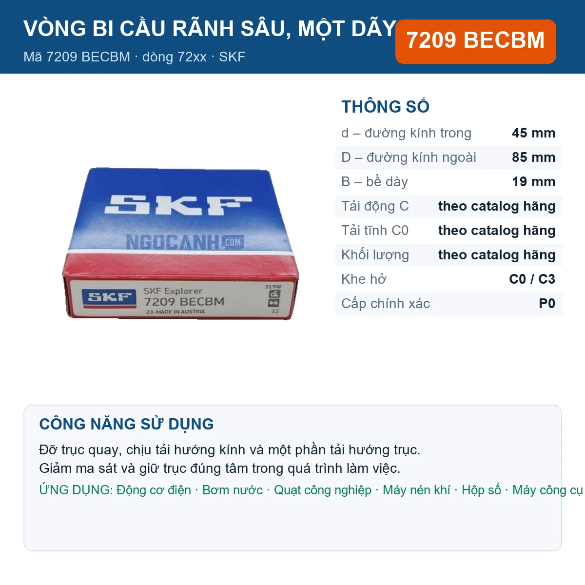 Vòng bi SKF 7209 BECBM — kích thước 45x85x19mm