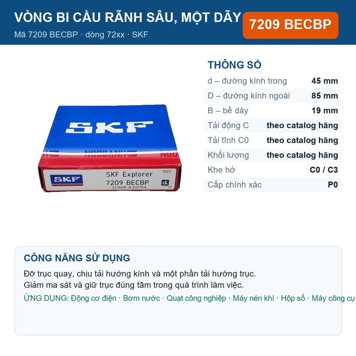 Vòng bi SKF 7209 BECBP — kích thước 45x85x19mm