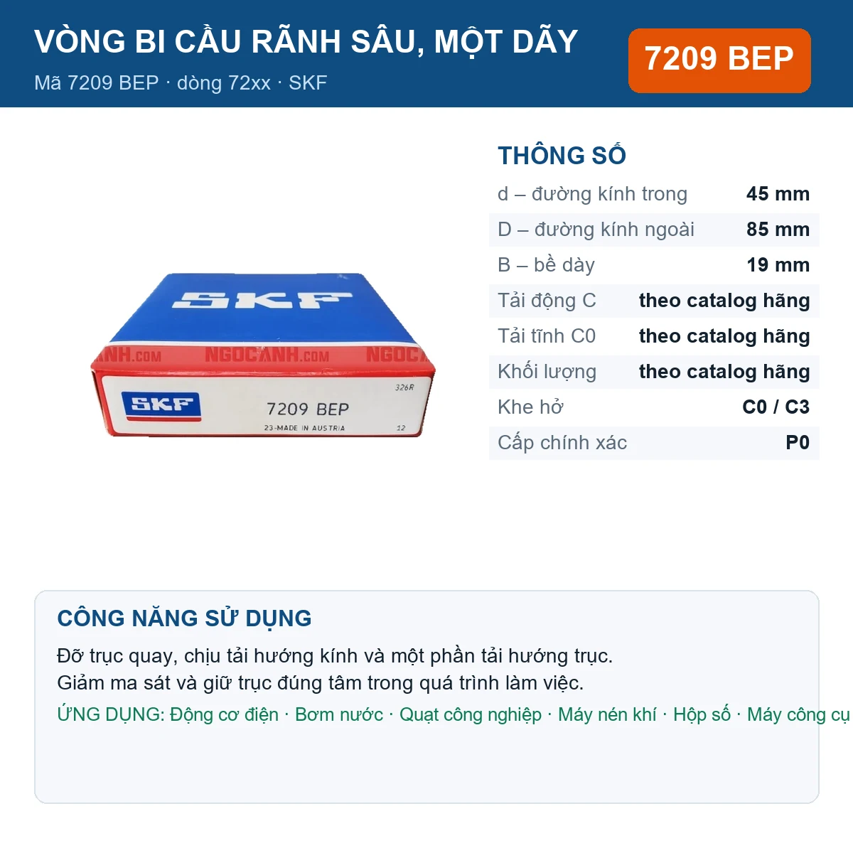 Vòng bi SKF 7209 BEP — kích thước 45x85x19mm
