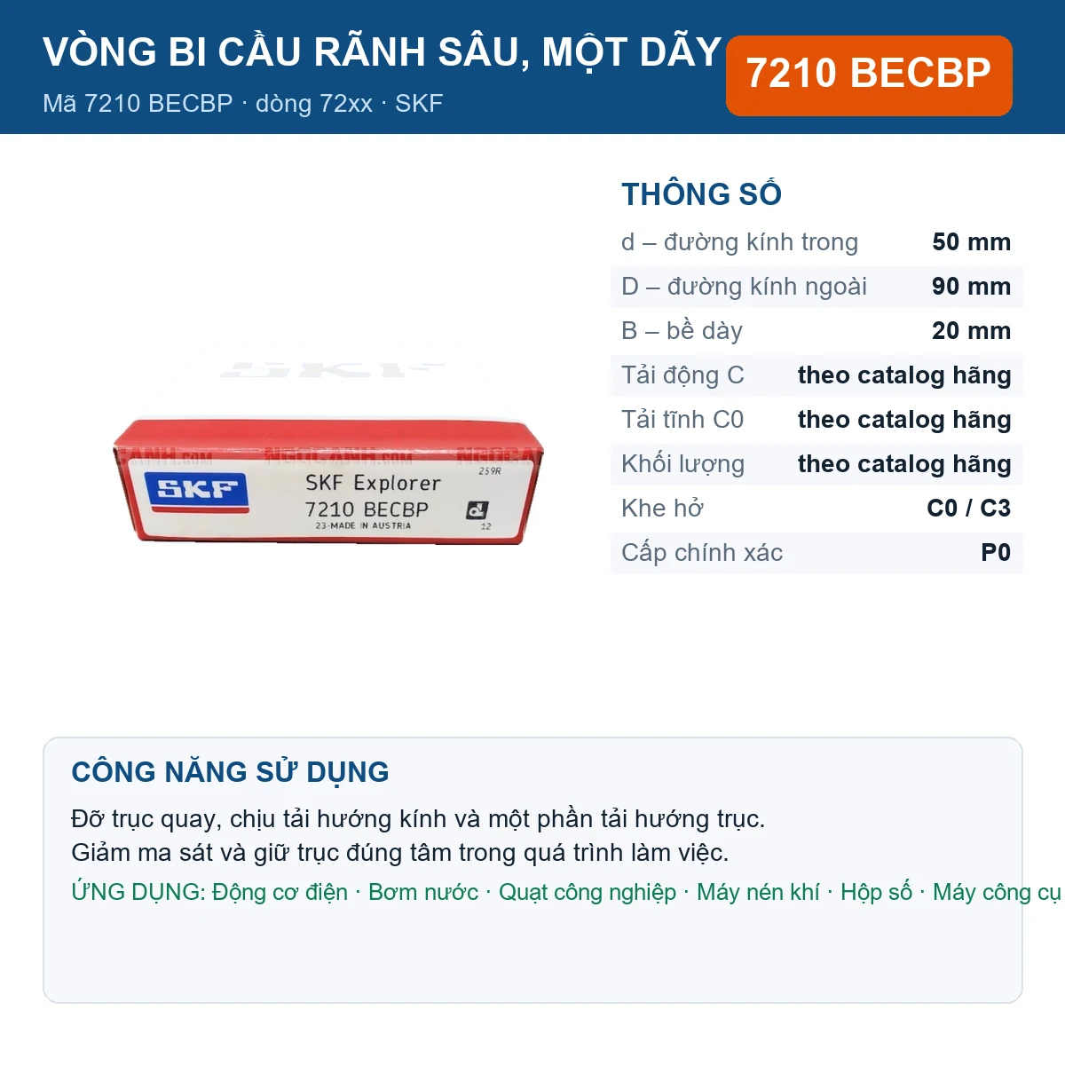 Vòng bi SKF 7210 BECBP — kích thước 50x90x20mm