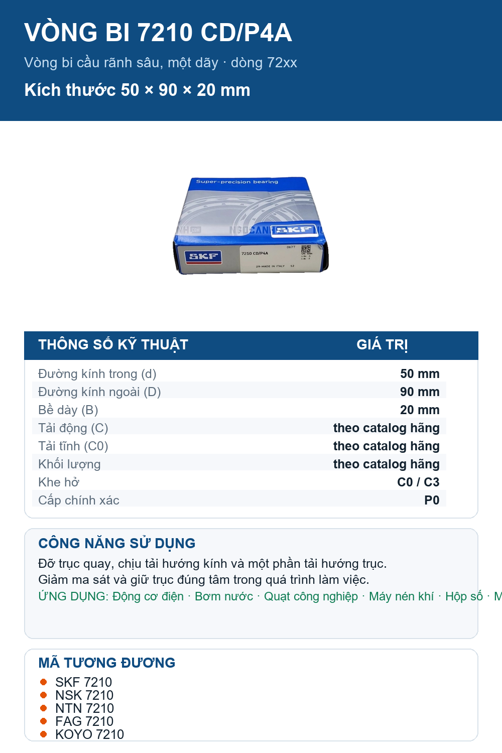 Vòng bi SKF 7210 CD/P4A 50x90x20mm — Ảnh thông số (Pinterest)