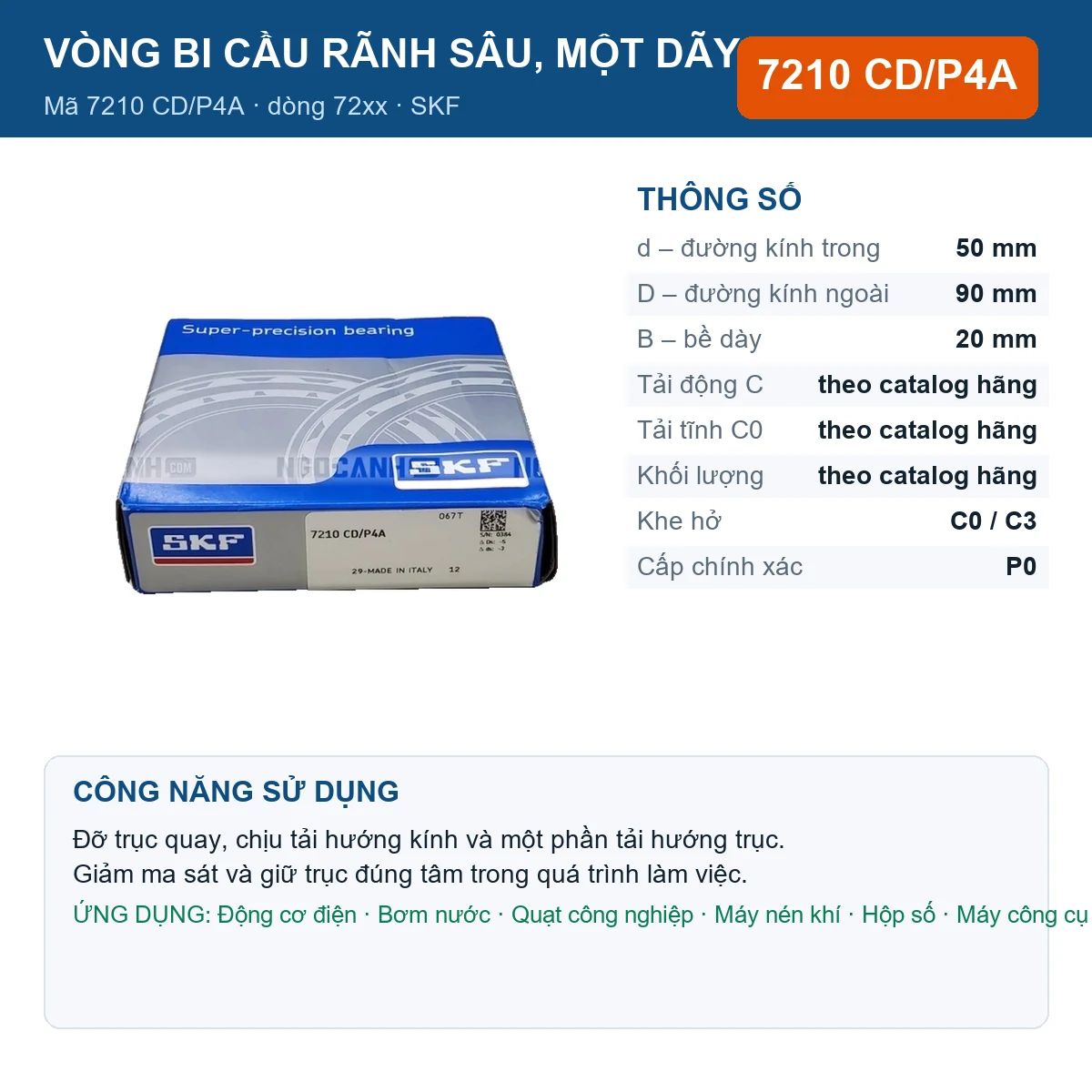Vòng bi SKF 7210 CD/P4A — kích thước 50x90x20mm