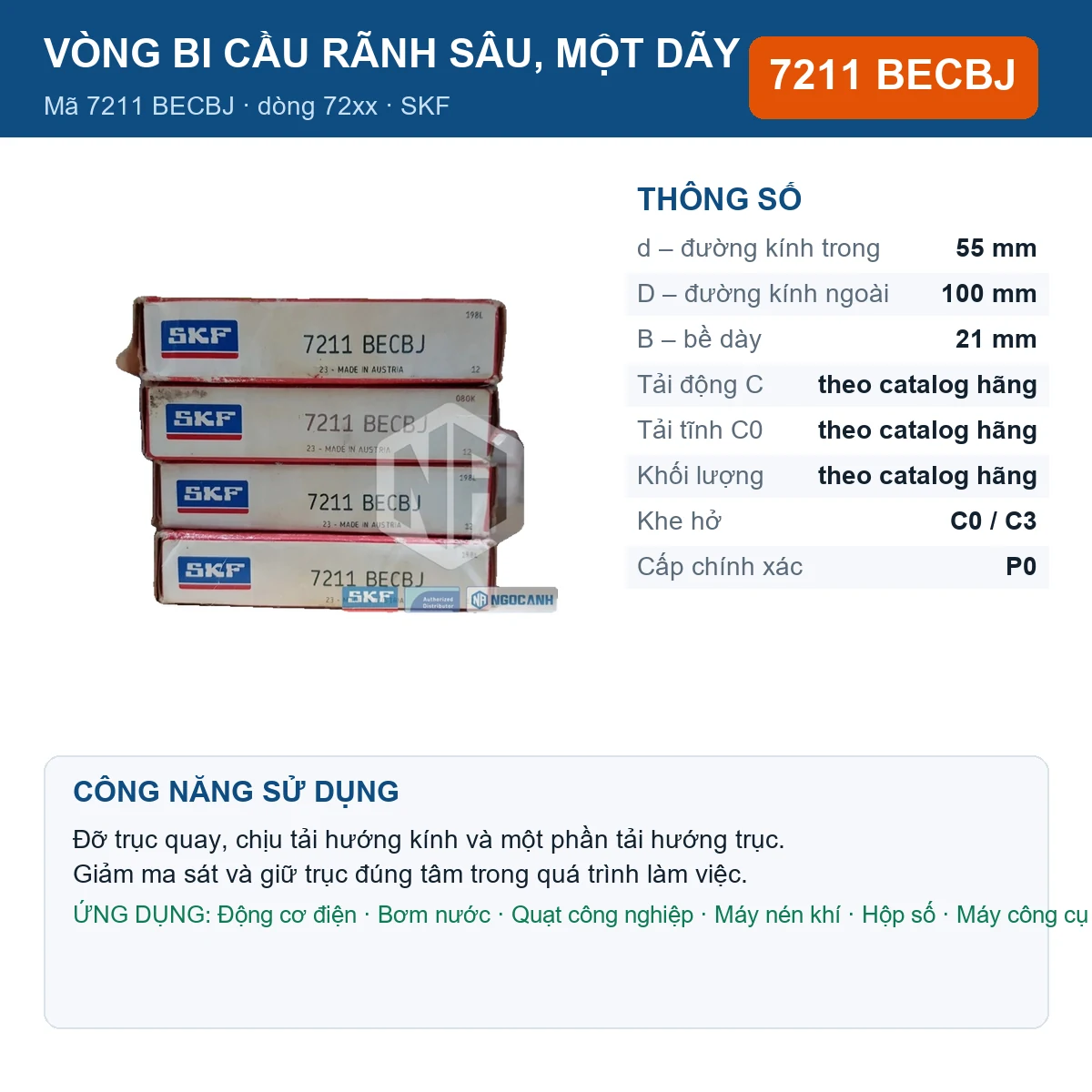 Vòng bi SKF 7211 BECBJ — kích thước 55x100x21mm