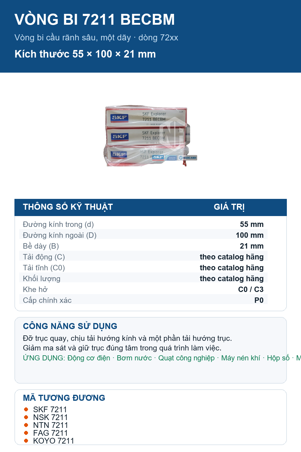 Vòng bi SKF 7211 BECBM 55x100x21mm — Ảnh thông số (Pinterest)