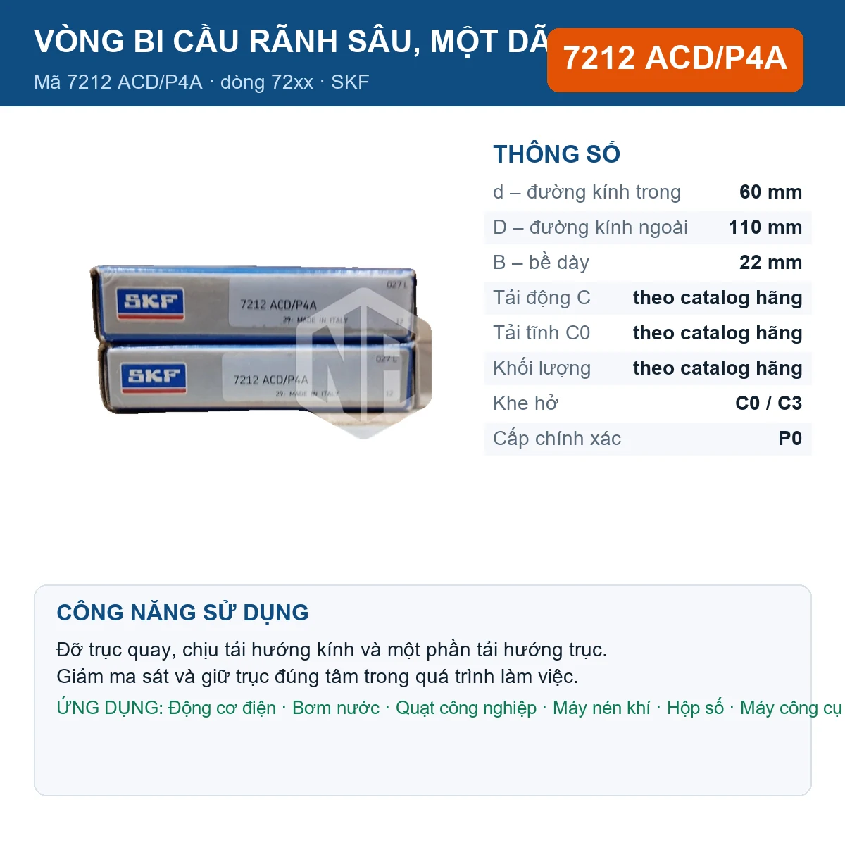 Vòng bi SKF 7212 ACD/P4A — kích thước 60x110x22mm