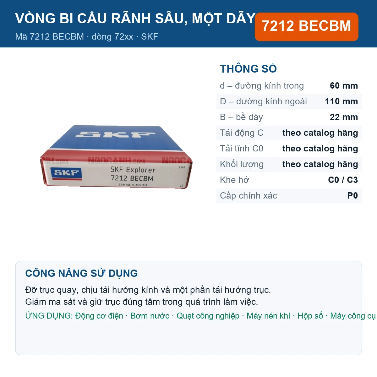 Vòng bi SKF 7212 BECBM — kích thước 60x110x22mm