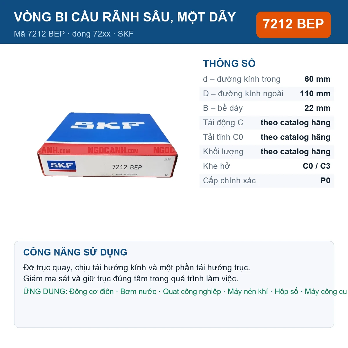 Vòng bi SKF 7212 BEP — kích thước 60x110x22mm
