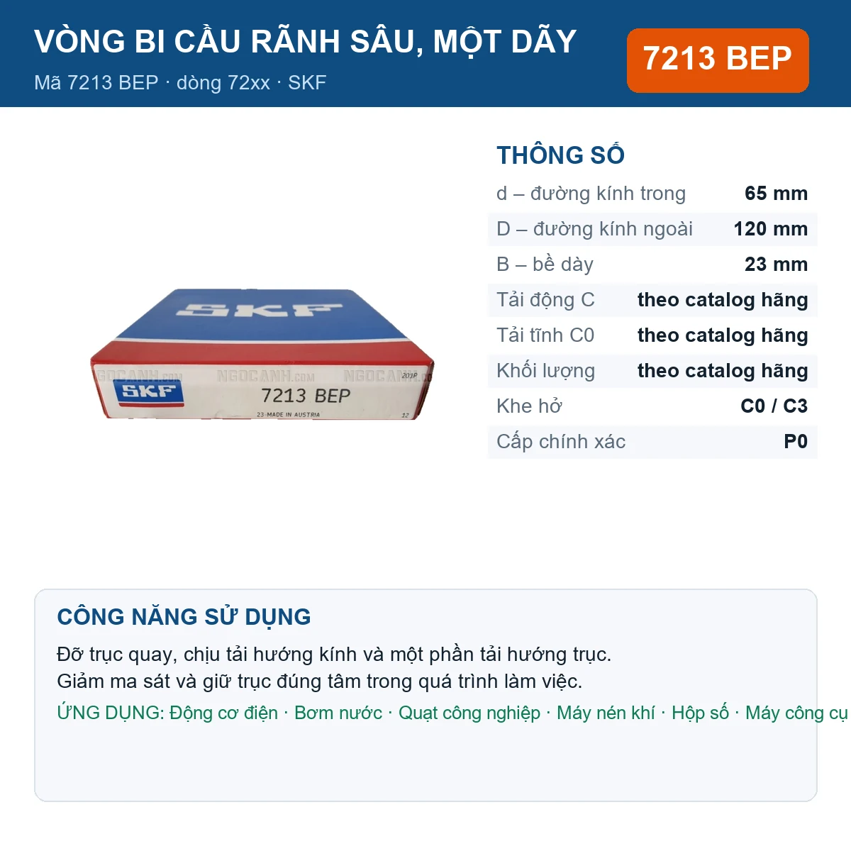 Vòng bi SKF 7213 BEP — kích thước 65x120x23mm