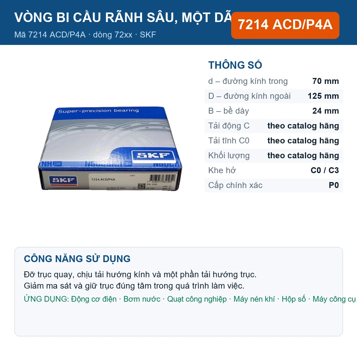 Vòng bi SKF 7214 ACD/P4A — kích thước 70x125x24mm