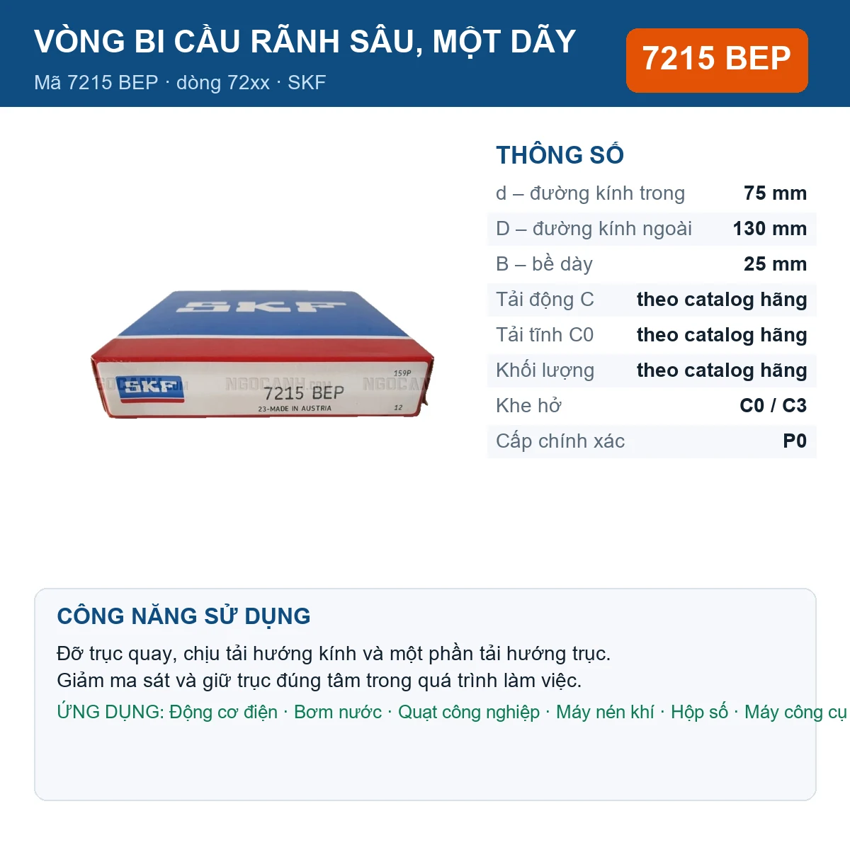 Vòng bi SKF 7215 BEP — kích thước 75x130x25mm