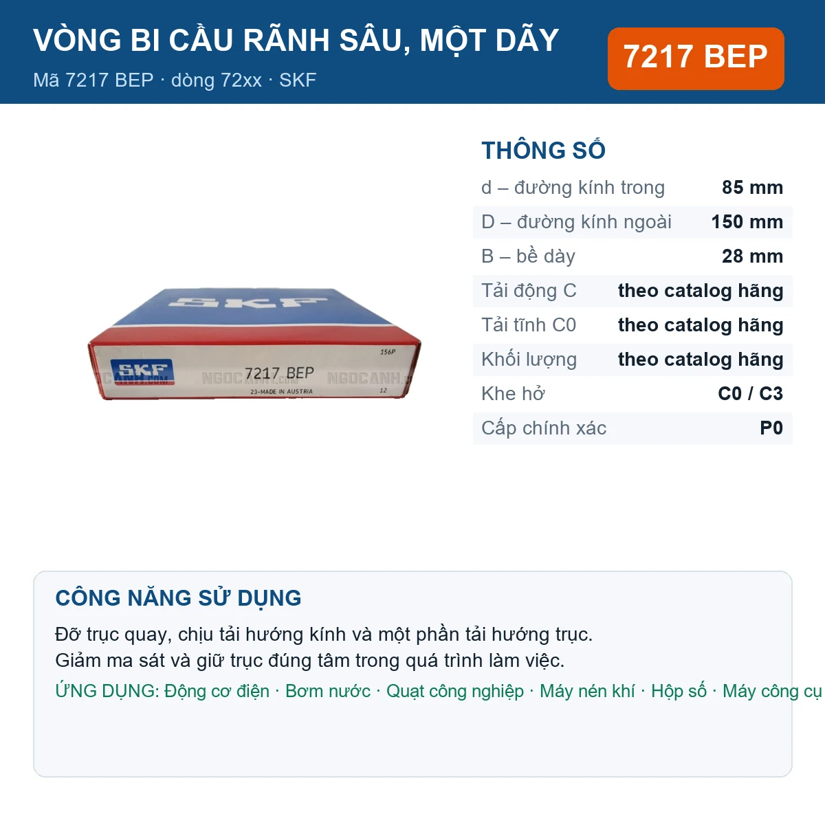 Vòng bi SKF 7217 BEP — kích thước 85x150x28mm