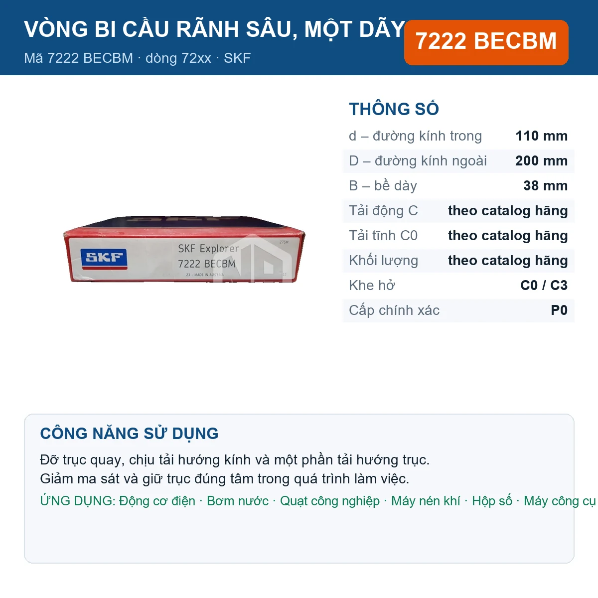 Vòng bi SKF 7222 BECBM — kích thước 110x200x38mm