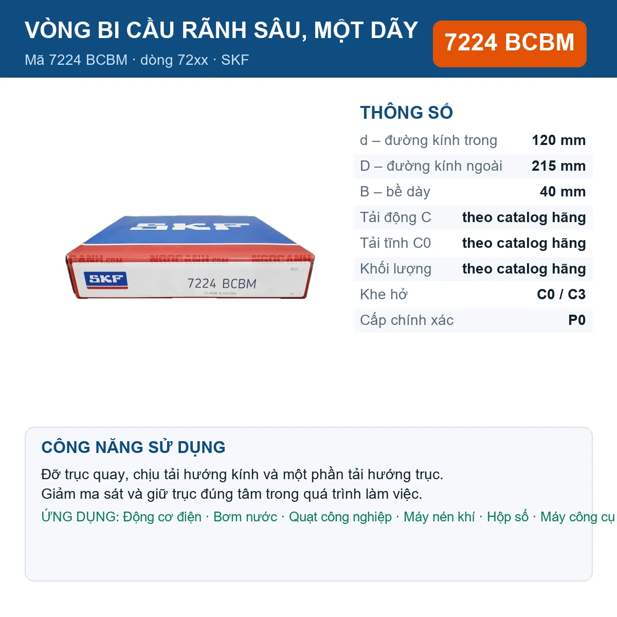 Vòng bi SKF 7224 BCBM — kích thước 120x215x40mm