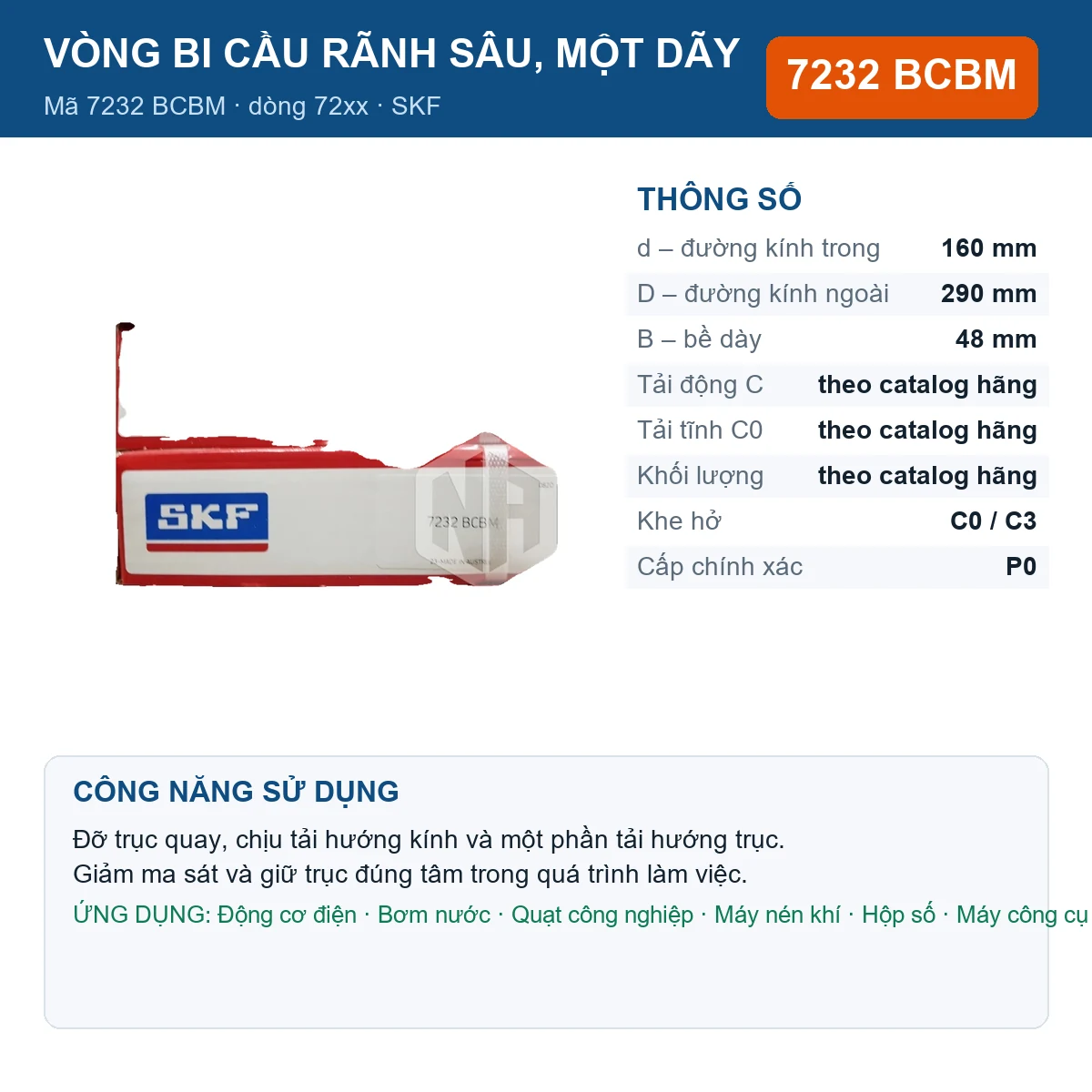 Vòng bi SKF 7232 BCBM — kích thước 160x290x48mm